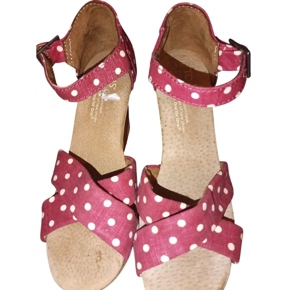 TOMS Red Polka dot Strappy wedge shoes size W5 NWT
